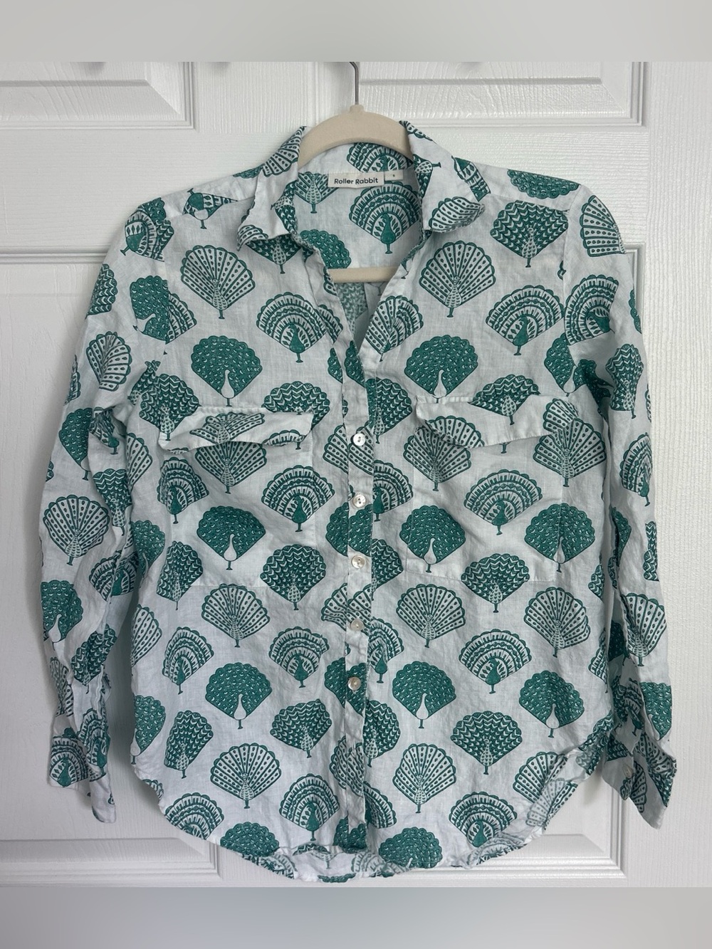Roller Rabbit Green Peacock-Print Linen Button-Up Shirt